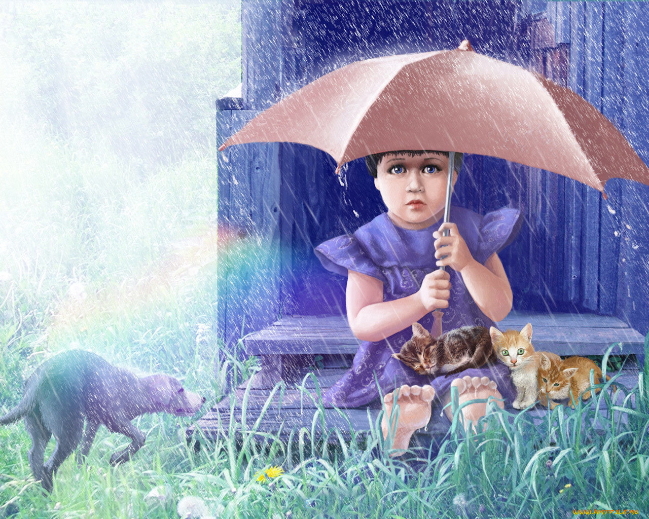 Девочка с котом под зонтом